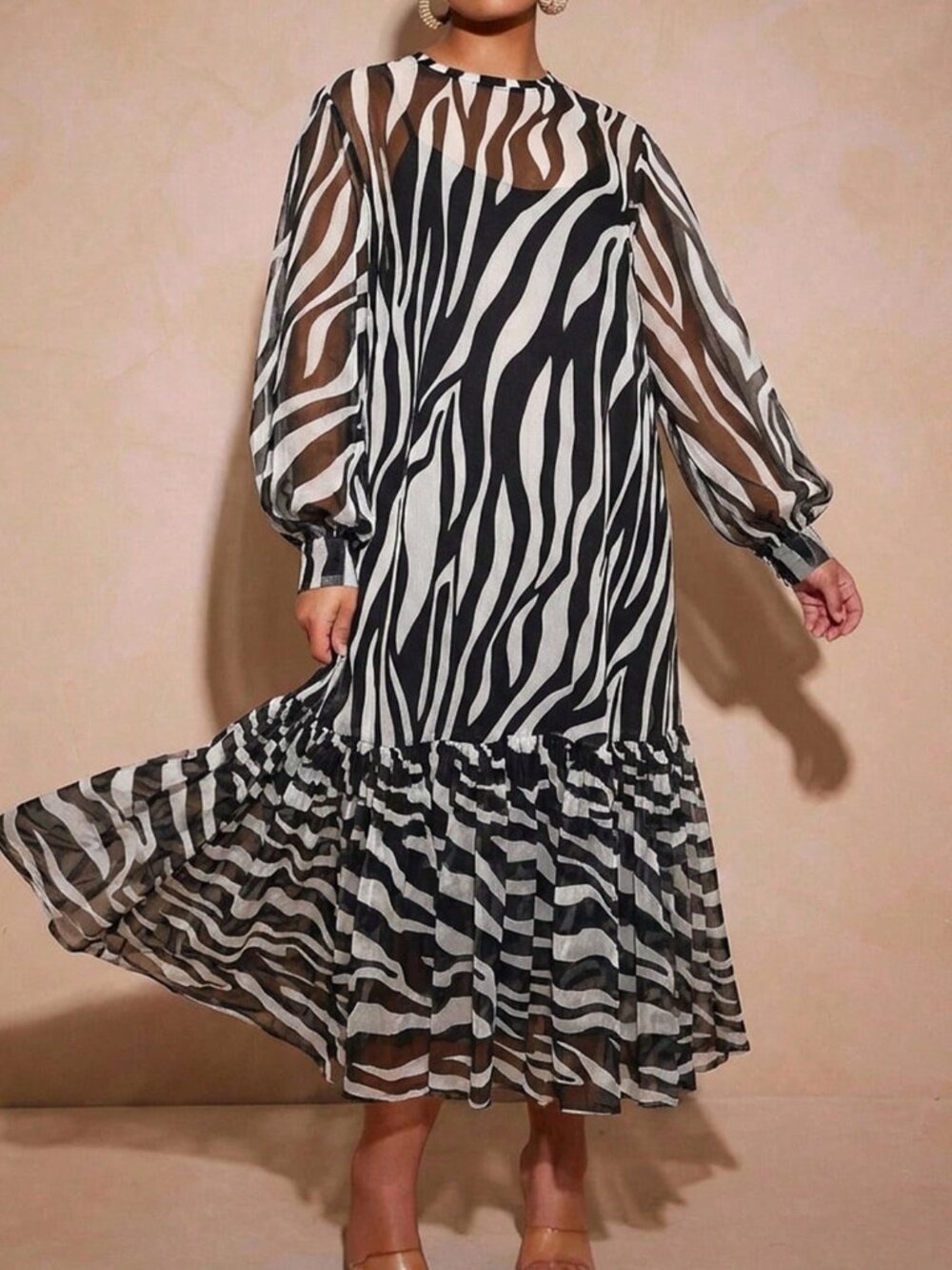 Multicolor Elegant Women's Pleated Ruffle Hem Sheer Bishop Sleeve Long Dress